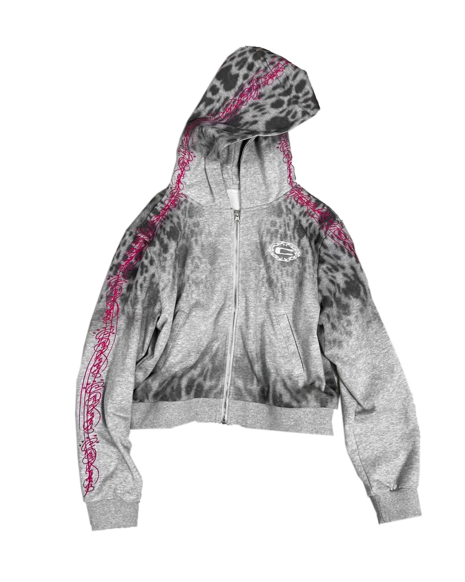 Grey Leopard Print Zip-up Crop Hoodie with Cyber Graphic Details