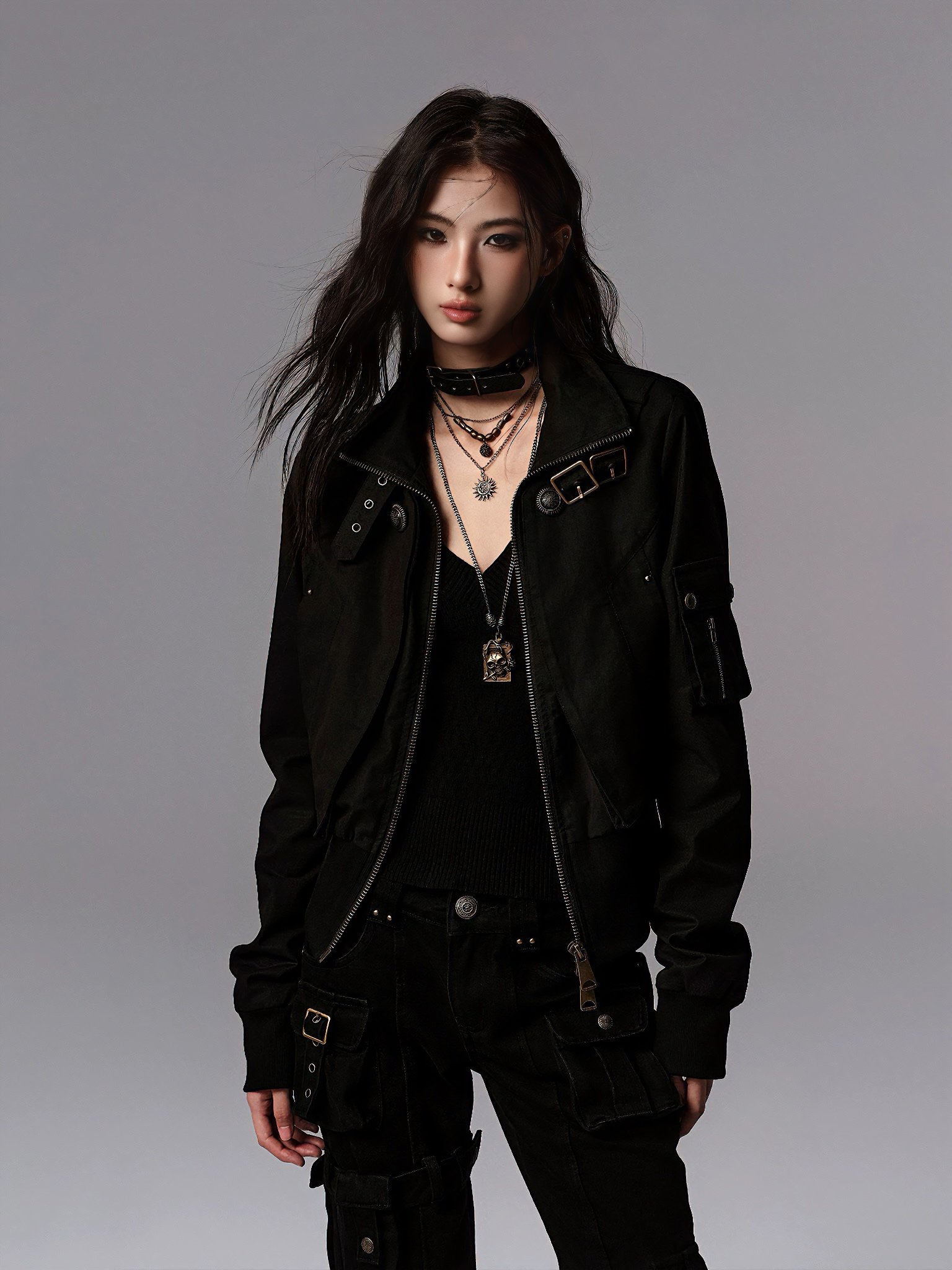 Cyber-Military Tactical Bomber Jacket – Buckled High-Collar Streetwear