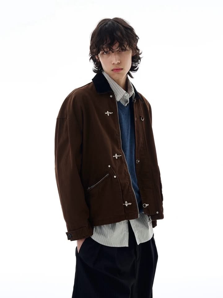 FIREMAN BUCKLE WORKER ZIP JACKET WITH CONTRAST COLLAR