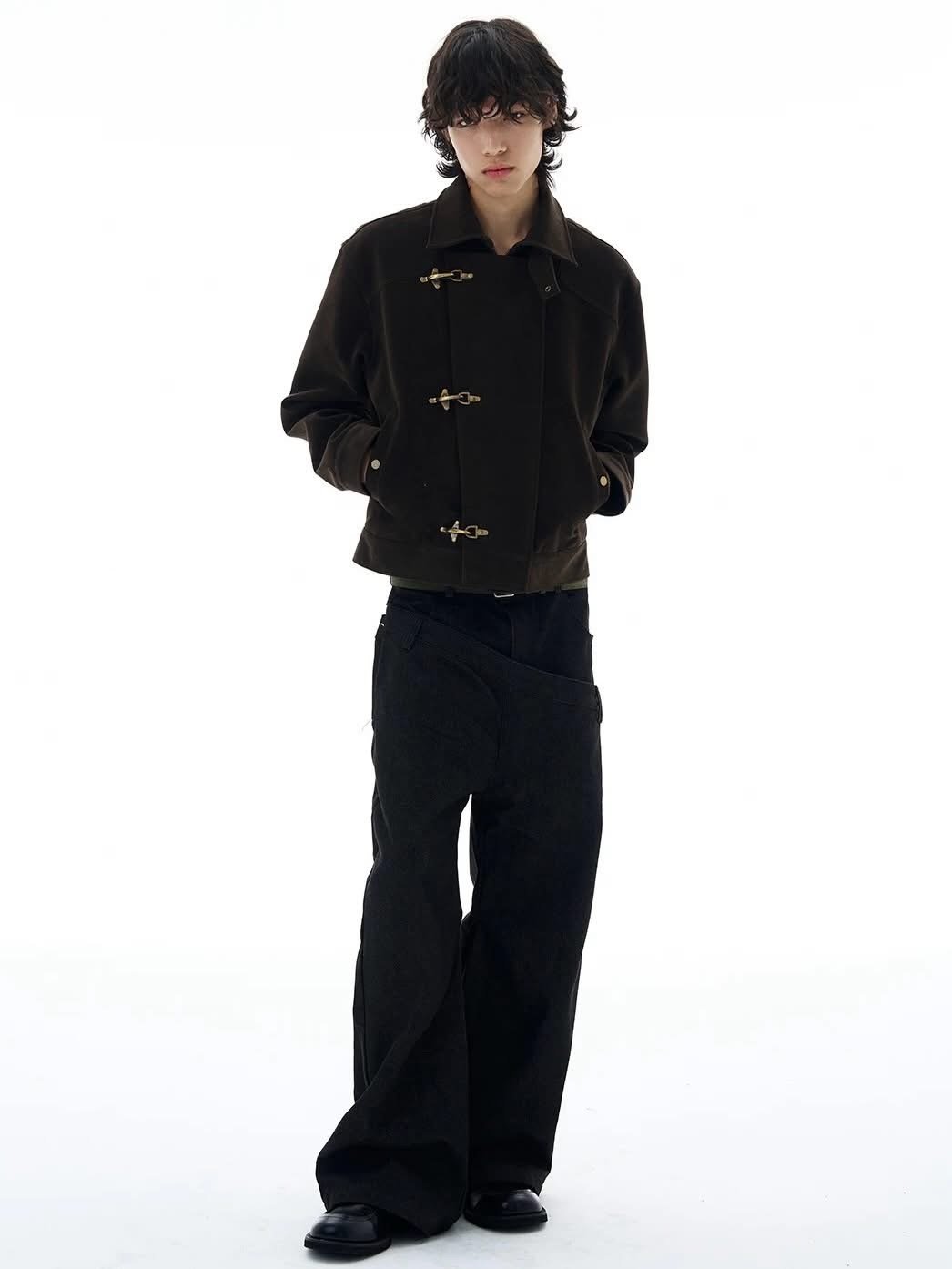 ASYMMETRIC FIREMAN BUCKLE MID-CROP SUEDE JACKET BROWN